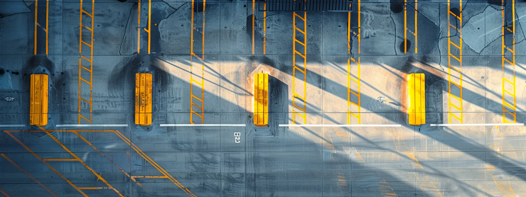 a well-organized parking lot in san diego features strategically placed bright yellow wheel stops, clearly defining parking spaces and preventing vehicles from overhanging sidewalks, creating a visibly safe environment for pedestrians and drivers alike amidst a modern urban backdrop.
