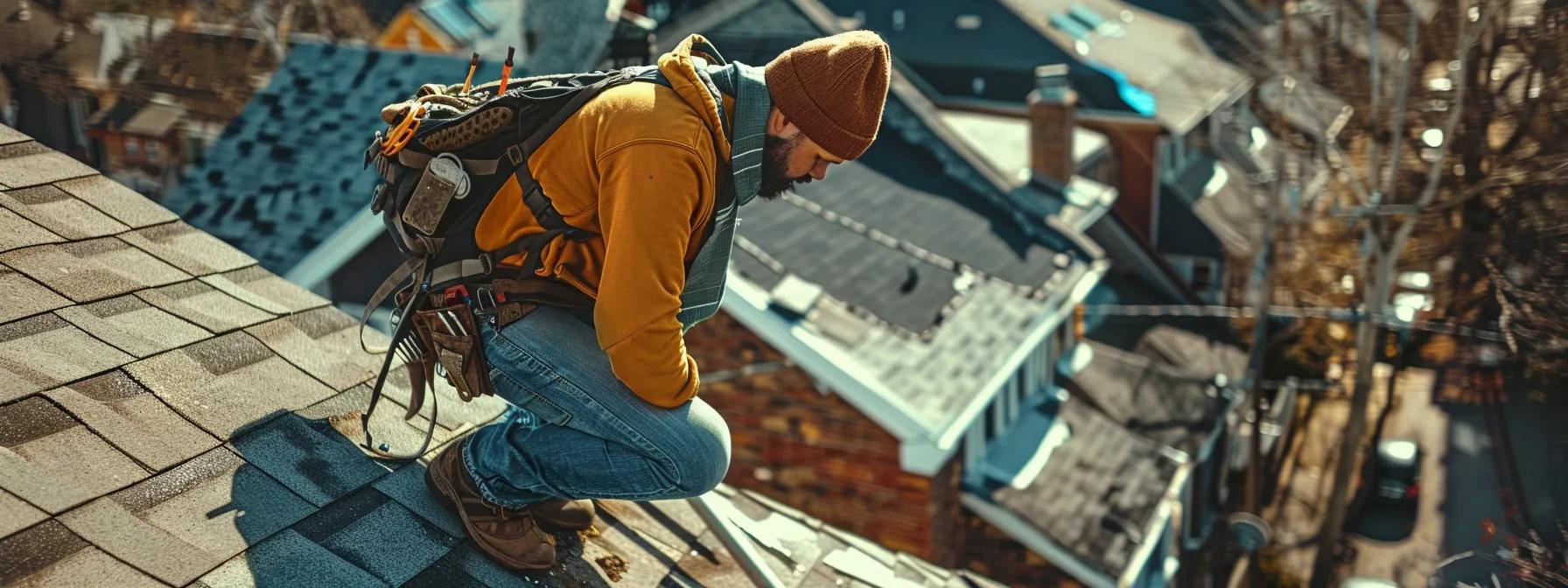 a well-organized urban rooftop repair scene showcases a skilled technician assessing high-quality shingles and durable sealants, with essential tools neatly arranged on a weathered but sturdy rooftop, emphasizing the importance of material selection for effective repairs. a well-organized urban rooftop repair scene showcases a skilled technician assessing high-quality shingles and durable sealants, with essential tools neatly arranged on a weathered but sturdy rooftop, emphasizing the importance of material selection for effective repairs.