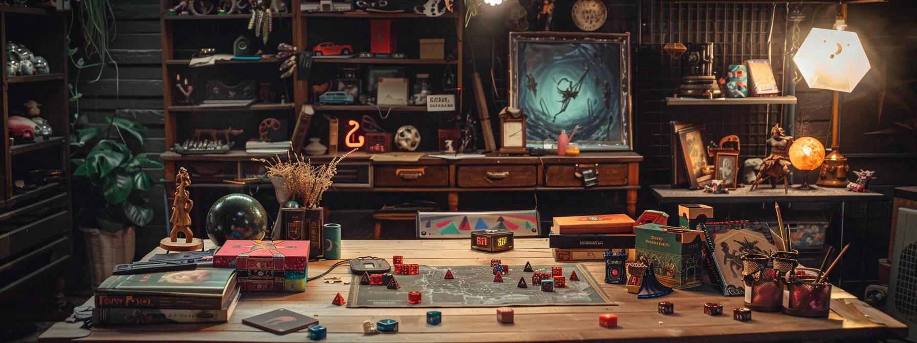 a well-organized tabletop setup in a dimly lit room displays an array of vibrant dungeons & dragons core rulebooks, colorful dice sets, and essential gaming supplies, inviting players to embark on their imaginative adventures. a well-organized tabletop setup in a dimly lit room displays an array of vibrant dungeons & dragons core rulebooks, colorful dice sets, and essential gaming supplies, inviting players to embark on their imaginative adventures.