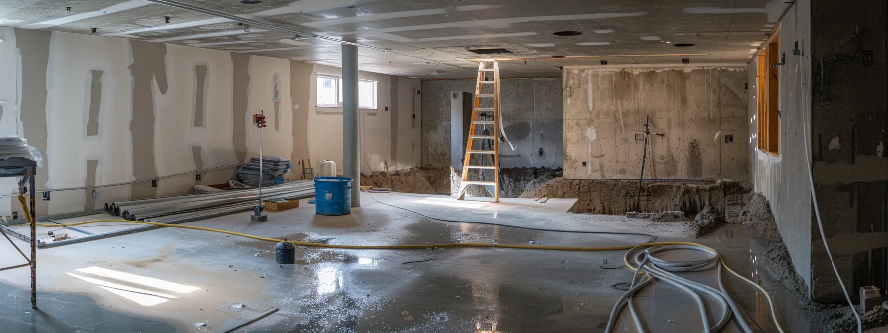 a well-lit residential basement features exposed concrete walls as a contractor applies waterproofing membranes while sealing cracks with hydraulic cement, alongside the installation of a french drain and a sump pump in a clean, professional workspace. a well-lit residential basement features exposed concrete walls as a contractor applies waterproofing membranes while sealing cracks with hydraulic cement, alongside the installation of a french drain and a sump pump in a clean, professional workspace.