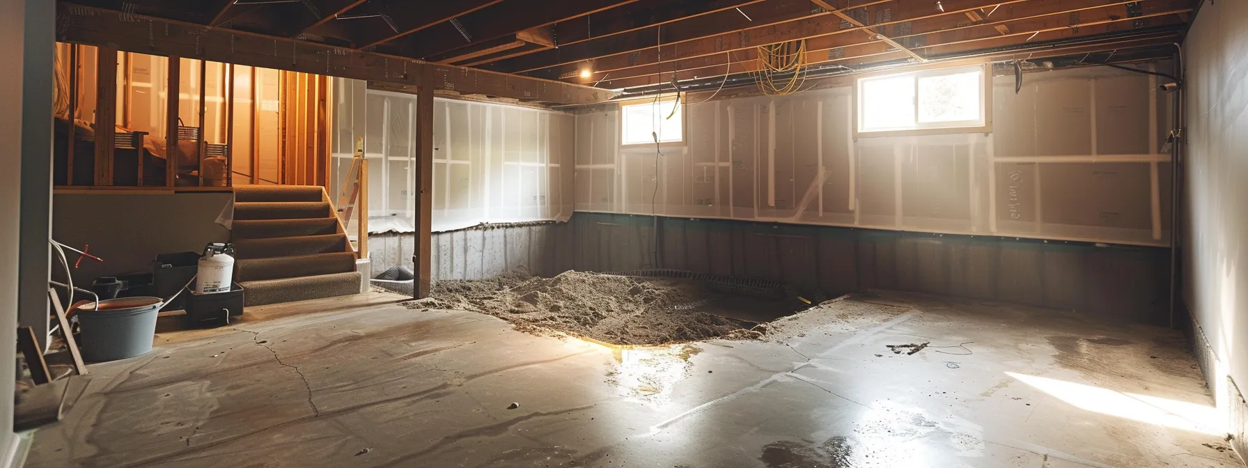 a well-lit residential basement showcases a professional contractor applying waterproofing membranes on exposed concrete walls, while another expertly installs a french drain and a sump pump, highlighting the essential elements of an effective waterproofing solution. a well-lit residential basement showcases a professional contractor applying waterproofing membranes on exposed concrete walls, while another expertly installs a french drain and a sump pump, highlighting the essential elements of an effective waterproofing solution.
