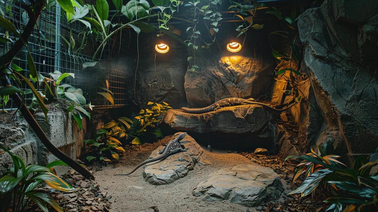 a well-organized reptile enclosure showcases an array of specialized uvb lighting fixtures and heat lamps strategically positioned to create distinct basking areas, demonstrating effective temperature regulation and high-quality care for reptiles.