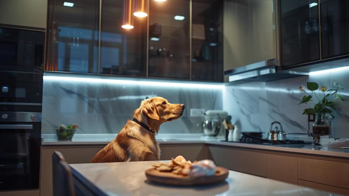 a well-lit modern kitchen showcases a happy dog eagerly awaiting a piece of chicken jerky, emphasizing the careful selection and safe preparation of dog treats. a well-lit modern kitchen showcases a happy dog eagerly awaiting a piece of chicken jerky, emphasizing the careful selection and safe preparation of dog treats.