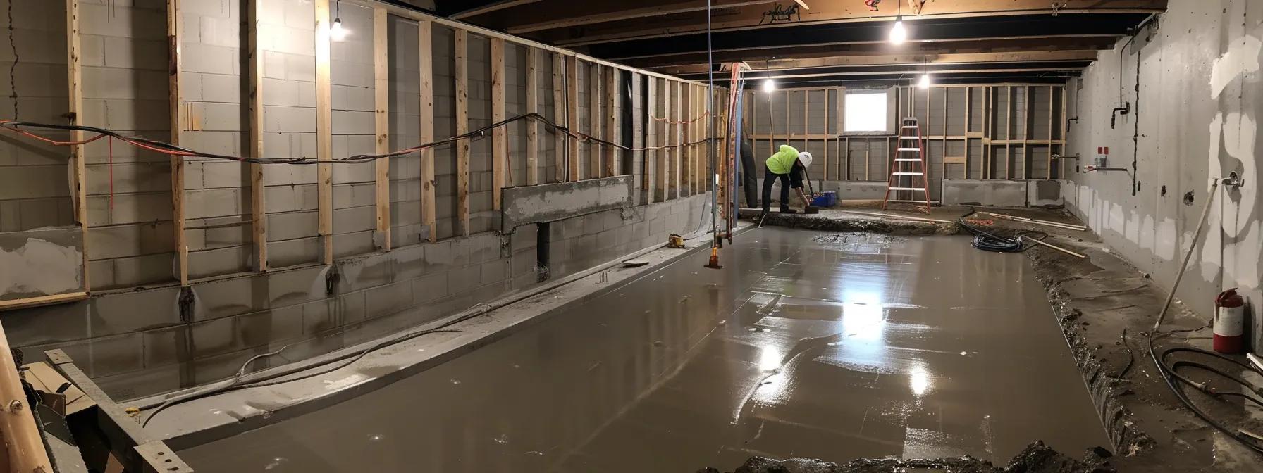 a well-lit residential basement showcases a professional waterproofing process, featuring exposed concrete walls as a contractor in safety gear expertly seals cracks with hydraulic cement and another installs a french drain along the perimeter, epitomizing the importance of reliable basement waterproofing services. a well-lit residential basement showcases a professional waterproofing process, featuring exposed concrete walls as a contractor in safety gear expertly seals cracks with hydraulic cement and another installs a french drain along the perimeter, epitomizing the importance of reliable basement waterproofing services.