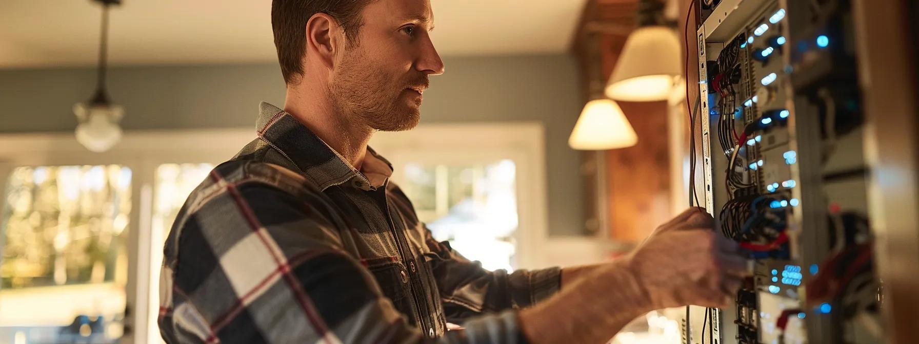 a well-lit, coastal-style home interior features an electrician analyzing an outdated electrical panel, highlighting the urgent need for modern upgrades and safety inspections in a cape cod residence. a well-lit, coastal-style home interior features an electrician analyzing an outdated electrical panel, highlighting the urgent need for modern upgrades and safety inspections in a cape cod residence.
