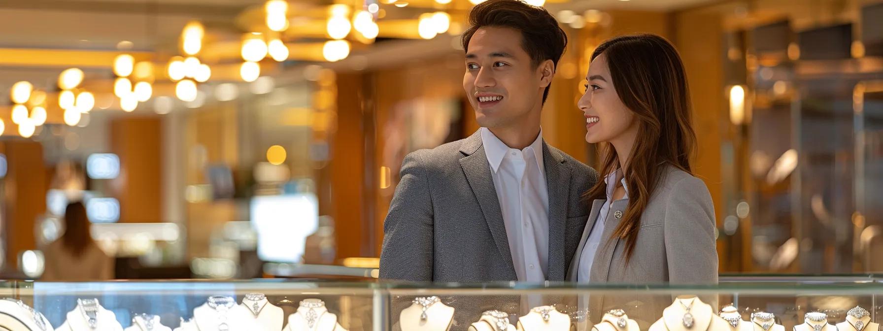 a well-dressed couple stands confidently in a modern, upscale jewelry store, surrounded by sparkling engagement rings under sleek, bright display lights, showcasing the essence of informed decision-making in the las vegas market. a well-dressed couple stands confidently in a modern, upscale jewelry store, surrounded by sparkling engagement rings under sleek, bright display lights, showcasing the essence of informed decision-making in the las vegas market.