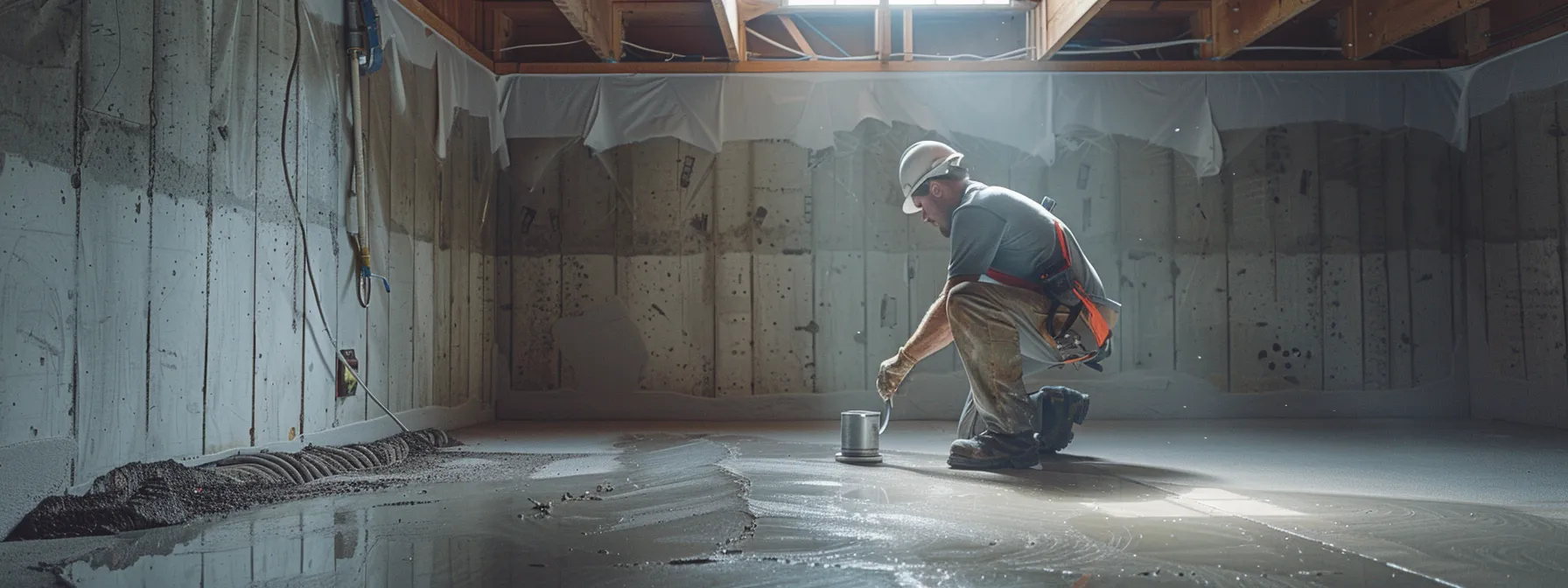 a well-lit residential basement features exposed concrete walls and flooring, with a contractor in safety gear expertly sealing cracks with hydraulic cement while another installs a french drain, surrounded by visible waterproofing membranes and a sump pump waiting for setup, all highlighting a clean and professional waterproofing process. a well-lit residential basement features exposed concrete walls and flooring, with a contractor in safety gear expertly sealing cracks with hydraulic cement while another installs a french drain, surrounded by visible waterproofing membranes and a sump pump waiting for setup, all highlighting a clean and professional waterproofing process.