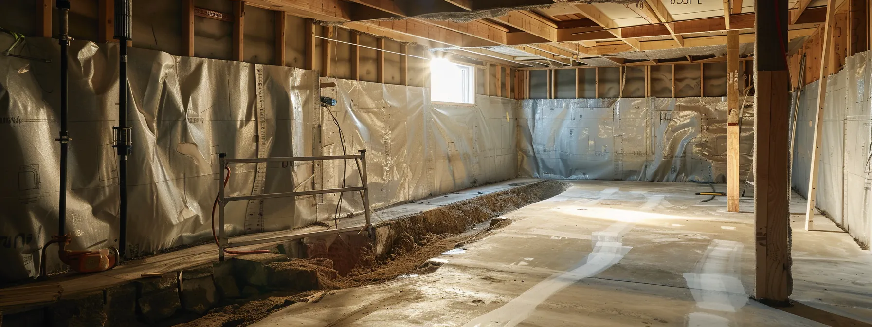 a well-lit residential basement showcases the waterproofing process, featuring exposed concrete walls enhanced by professional-grade membranes, as a contractor diligently seals cracks and another installs a french drain in a clean, organized workspace. a well-lit residential basement showcases the waterproofing process, featuring exposed concrete walls enhanced by professional-grade membranes, as a contractor diligently seals cracks and another installs a french drain in a clean, organized workspace.