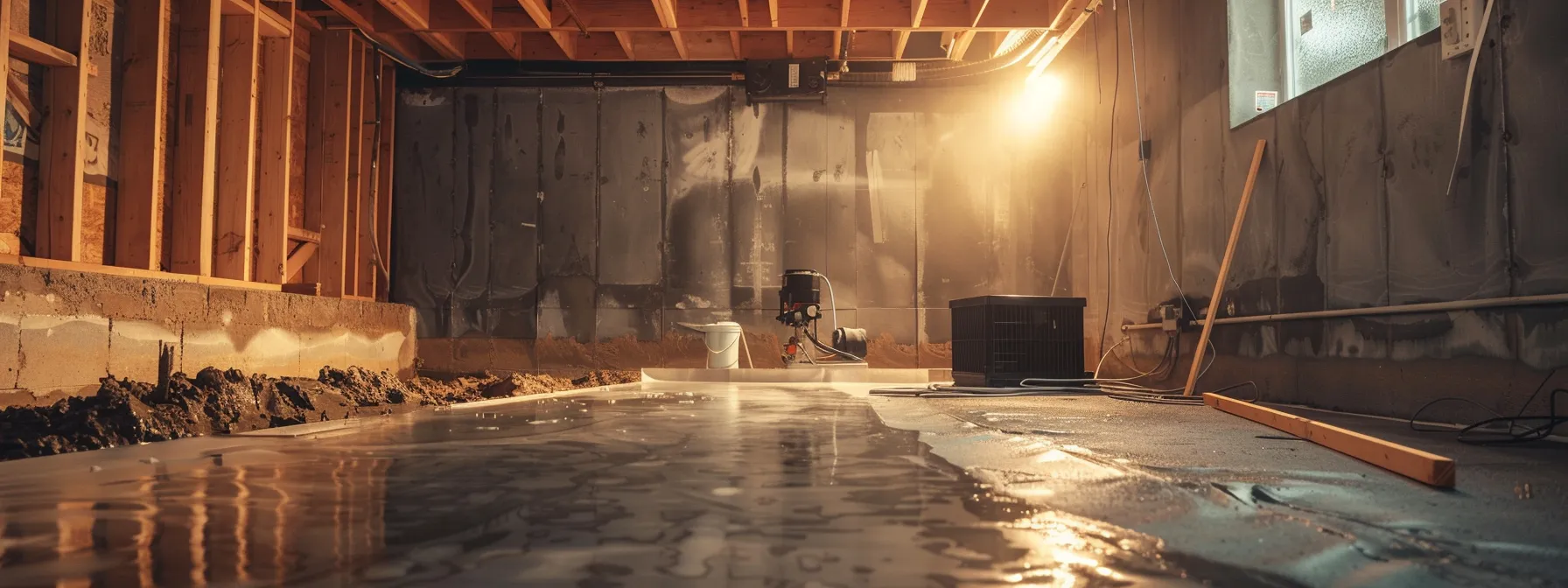 a well-lit basement undergoing waterproofing, showcasing exposed concrete walls as a contractor applies waterproof membranes and installs a french drain, while a sump pump awaits installation in a clean, professional environment. a well-lit basement undergoing waterproofing, showcasing exposed concrete walls as a contractor applies waterproof membranes and installs a french drain, while a sump pump awaits installation in a clean, professional environment.