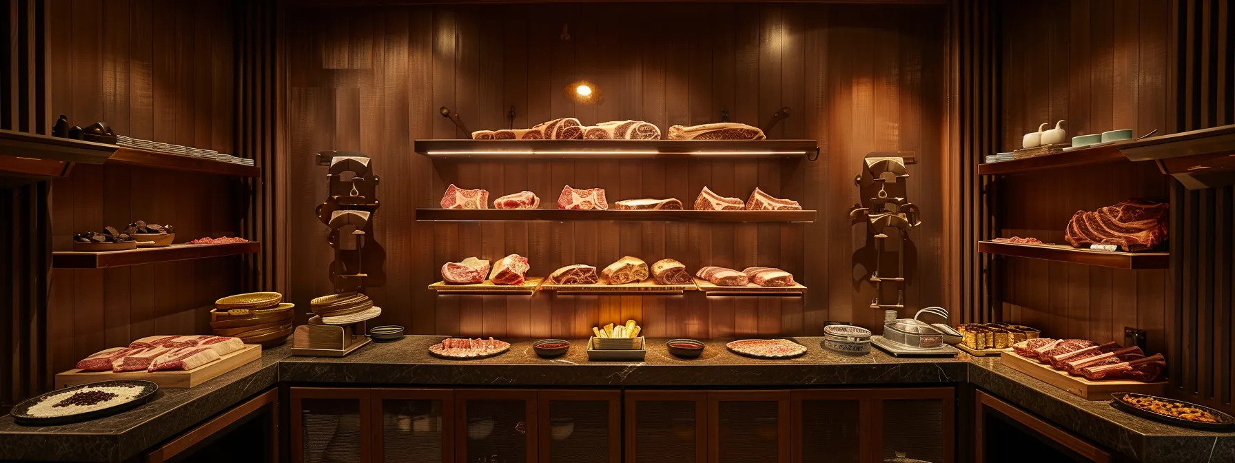 a well-lit, modern butcher shop displays an array of expertly cut grass-fed beef, showcasing various prime cuts and the vibrant, rich textures of the meat against a backdrop of rustic wooden shelves and stainless steel accents.