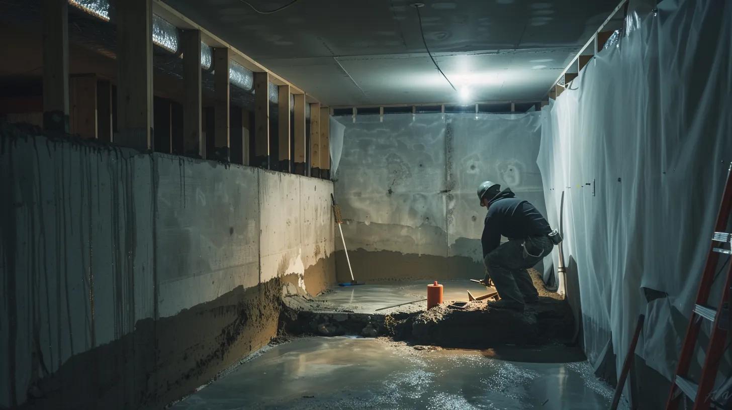 a well-lit basement features exposed concrete walls as a contractor in safety gear applies waterproofing membranes, sealing cracks with hydraulic cement while another installs a french drain, showcasing the meticulous process of professional assessment and repair for long-term home protection. a well-lit basement features exposed concrete walls as a contractor in safety gear applies waterproofing membranes, sealing cracks with hydraulic cement while another installs a french drain, showcasing the meticulous process of professional assessment and repair for long-term home protection.