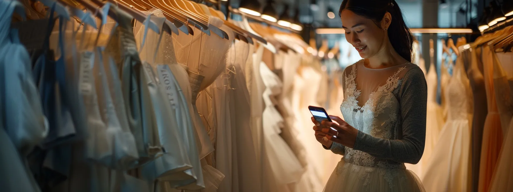 a well-organized bridal boutique displays an array of elegant modest gowns on sleek racks, with a bride-to-be eagerly comparing selections while holding a smartphone with size guides and customer reviews visible on the screen, creating a modern shopping atmosphere. a well-organized bridal boutique displays an array of elegant modest gowns on sleek racks, with a bride-to-be eagerly comparing selections while holding a smartphone with size guides and customer reviews visible on the screen, creating a modern shopping atmosphere.