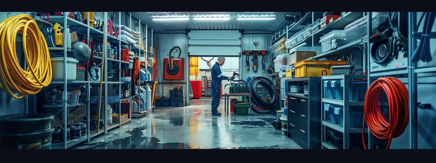 a well-lit, organized workshop showcases a technician intently inspecting high-pressure washing equipment and hoses, ensuring safety and functionality amid an array of tools and maintenance supplies. a well-lit, organized workshop showcases a technician intently inspecting high-pressure washing equipment and hoses, ensuring safety and functionality amid an array of tools and maintenance supplies.