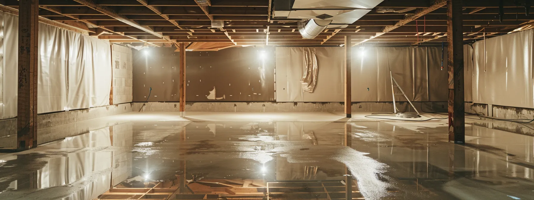 a well-lit basement showcases a contractor applying waterproofing membranes on the exposed concrete walls while sealing cracks with hydraulic cement, highlighting a clean and professional environment equipped with a sump pump and a newly installed french drain. a well-lit basement showcases a contractor applying waterproofing membranes on the exposed concrete walls while sealing cracks with hydraulic cement, highlighting a clean and professional environment equipped with a sump pump and a newly installed french drain.