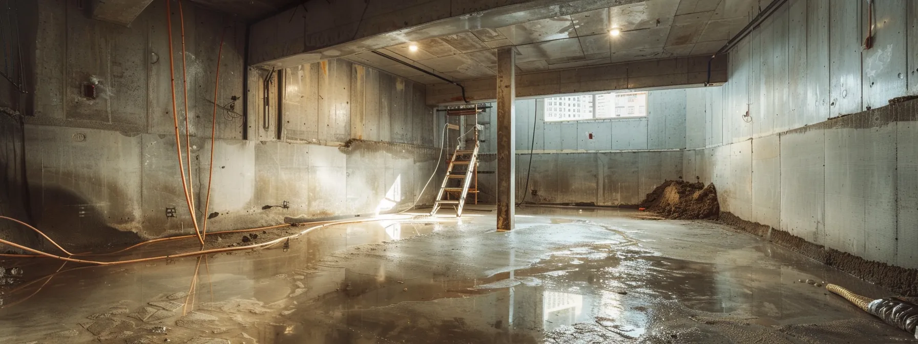 a well-lit residential basement showcases the waterproofing process, featuring exposed concrete walls as contractors apply membranes, seal cracks with hydraulic cement, and install a french drain, all within a clean and professional workspace. a well-lit residential basement showcases the waterproofing process, featuring exposed concrete walls as contractors apply membranes, seal cracks with hydraulic cement, and install a french drain, all within a clean and professional workspace.
