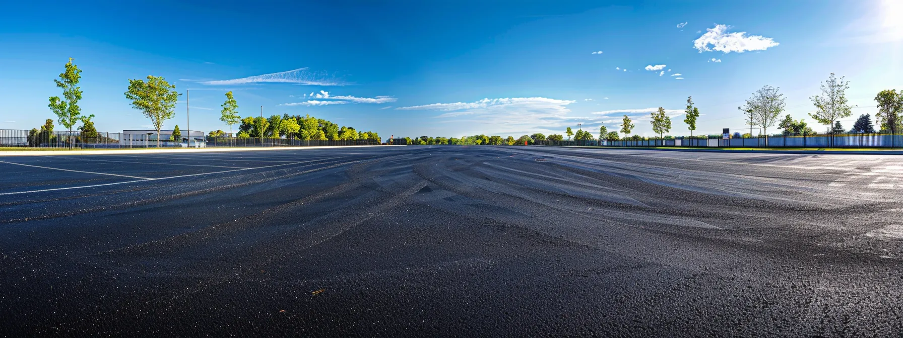 a wide-angle view of a meticulously paved commercial parking lot, showcasing smooth, dark asphalt under a bright blue sky, highlighting the professional craftsmanship and precision of commercial paving contractors at work. a wide-angle view of a meticulously paved commercial parking lot, showcasing smooth, dark asphalt under a bright blue sky, highlighting the professional craftsmanship and precision of commercial paving contractors at work.