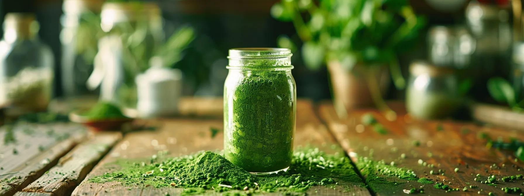 an aesthetically arranged mason jar filled with vibrant mushroom matcha mix, set against a rustic wooden table, capturing the rich green hue and textured particles of the mix under warm, natural lighting that emphasizes freshness and vitality.