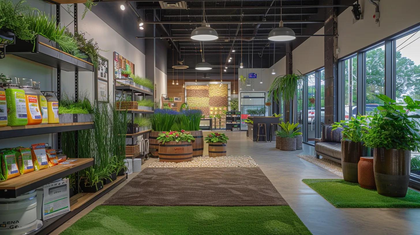 an aesthetically arranged urban lawn care office, featuring vibrant displays of organic fertilizers and sustainable lawn care materials, with a modern, eco-friendly design that emphasizes both environmental responsibility and landscape beauty. an aesthetically arranged urban lawn care office, featuring vibrant displays of organic fertilizers and sustainable lawn care materials, with a modern, eco-friendly design that emphasizes both environmental responsibility and landscape beauty.