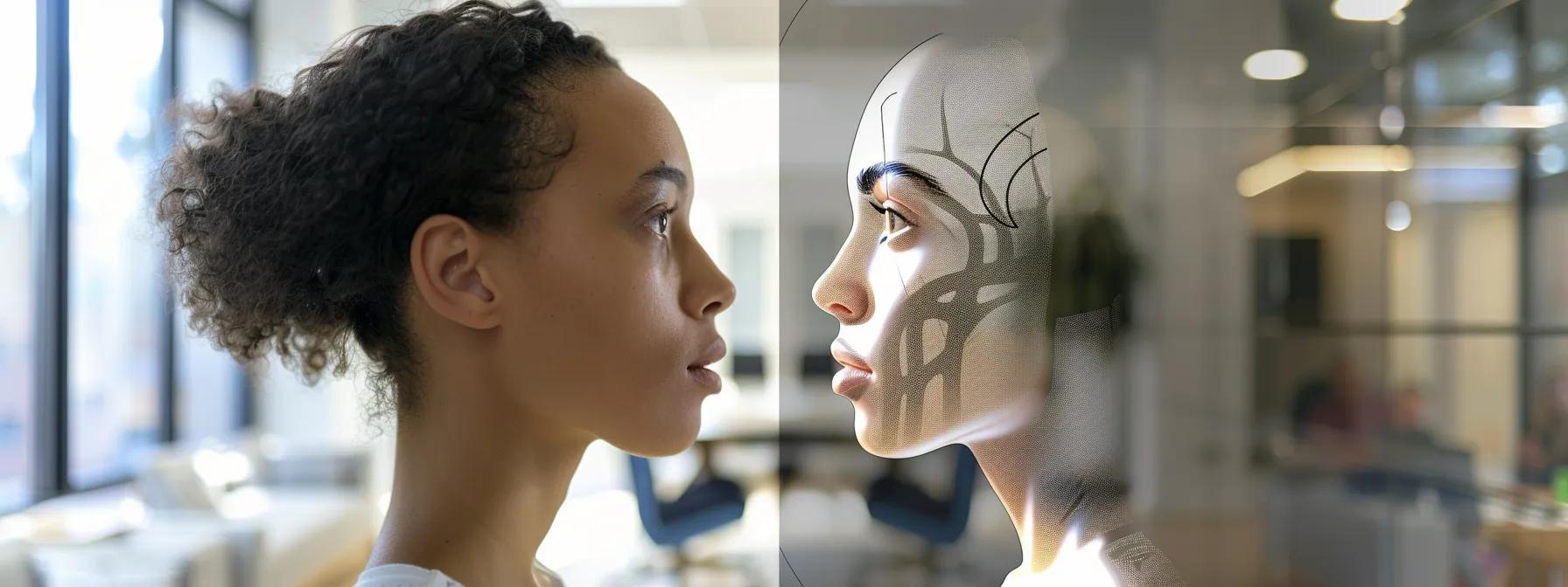 an ai-generated content output being scrutinized for plagiarism and bias by a researcher in a bright, modern office setting. an ai-generated content output being scrutinized for plagiarism and bias by a researcher in a bright, modern office setting.
