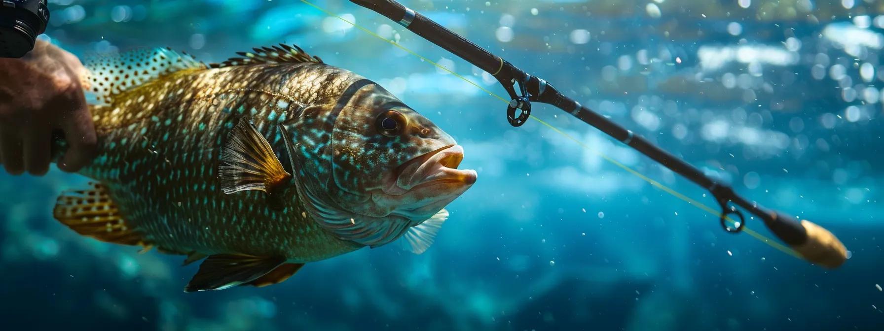 an angler confidently maneuvers a large, thrashing fish with ease using a fishing rod equipped with a sturdy, fiber handle for optimal control. an angler confidently maneuvers a large, thrashing fish with ease using a fishing rod equipped with a sturdy, fiber handle for optimal control.
