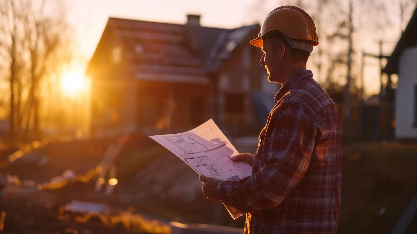 an architect confidently reviews a detailed blueprint while standing in front of a newly cleared construction site. an architect confidently reviews a detailed blueprint while standing in front of a newly cleared construction site.