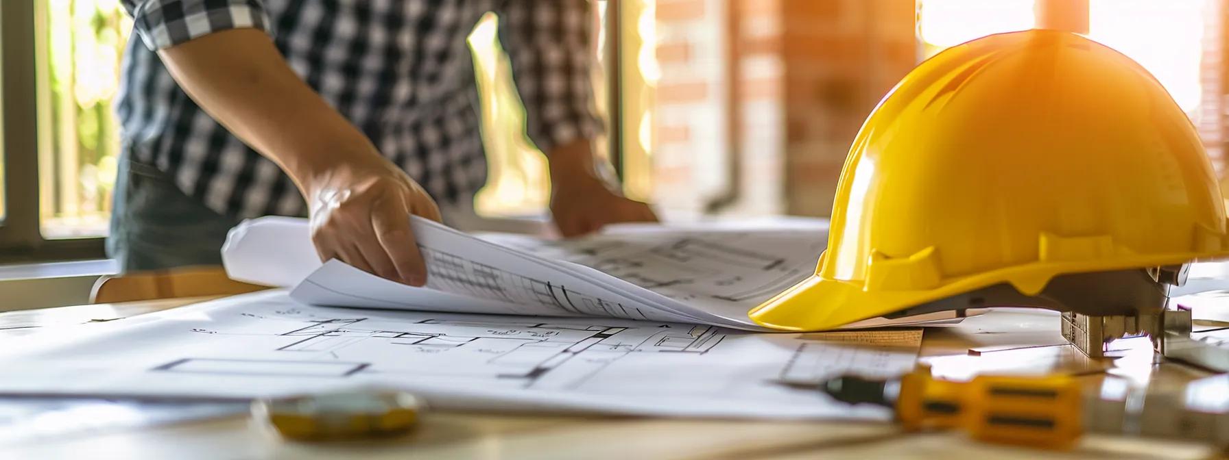 an architect reviewing blueprints with a team of specialists in a construction site office, surrounded by safety helmets and equipment. an architect reviewing blueprints with a team of specialists in a construction site office, surrounded by safety helmets and equipment.