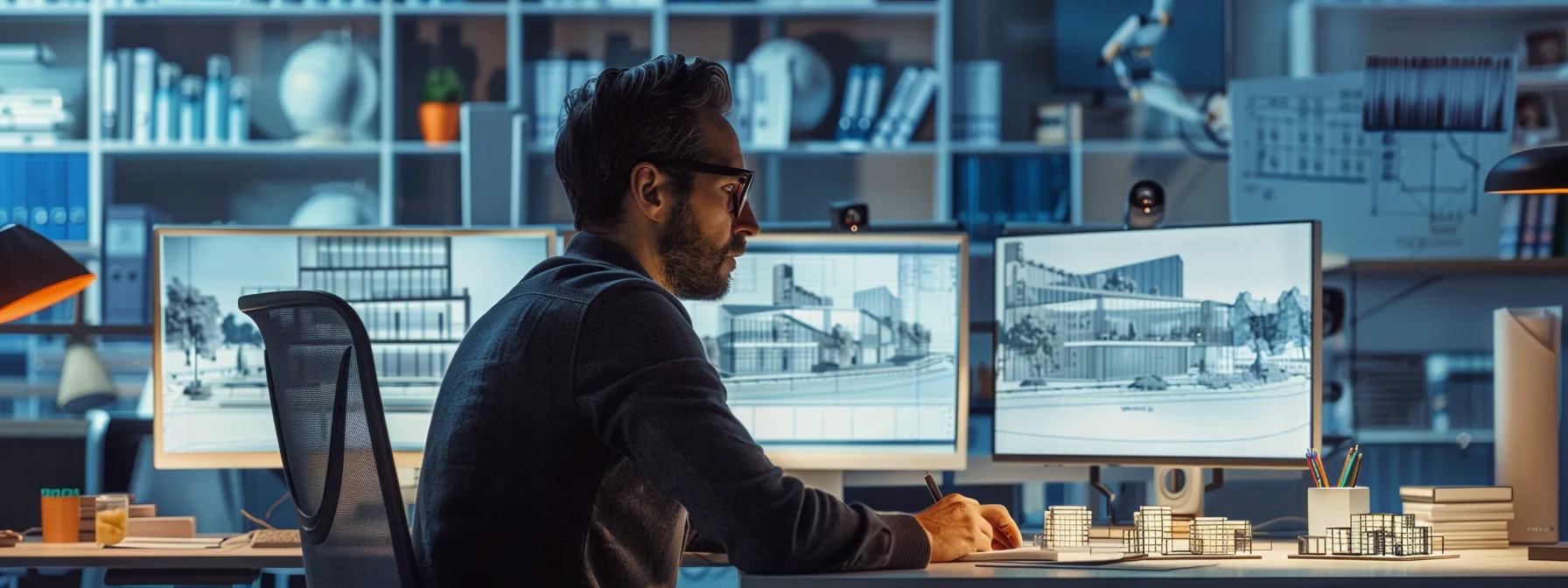 an architectural designer intently working at a sleek modern office desk, surrounded by high-tech design software on multiple screens, showcasing intricate building models and drafting plans that highlight their mastery of structural principles and contemporary design techniques.