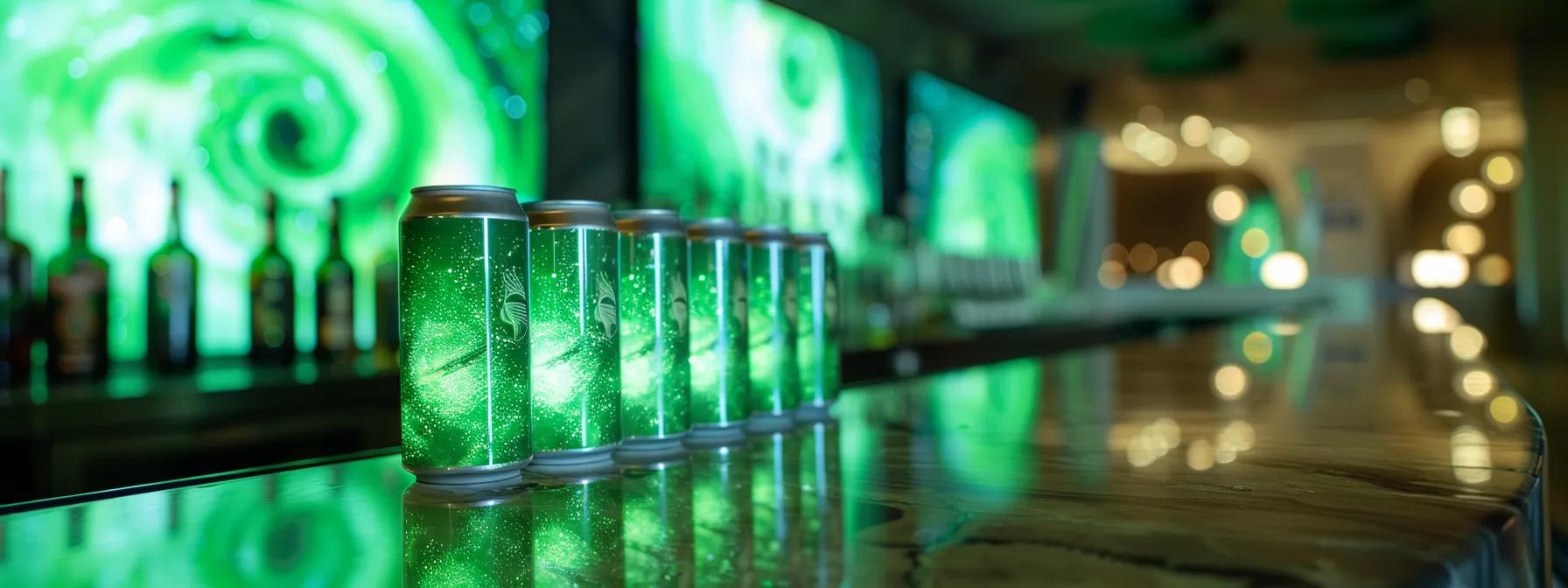 an arrangement of sleek cans of drink anomaly’s thc-infused seltzers sits atop a polished bar countertop, illuminated by vibrant green lighting that casts a cosmic backdrop of swirling nebulas and planetary systems, evoking a sensation of elevated taste and exploration. an arrangement of sleek cans of drink anomaly’s thc-infused seltzers sits atop a polished bar countertop, illuminated by vibrant green lighting that casts a cosmic backdrop of swirling nebulas and planetary systems, evoking a sensation of elevated taste and exploration.