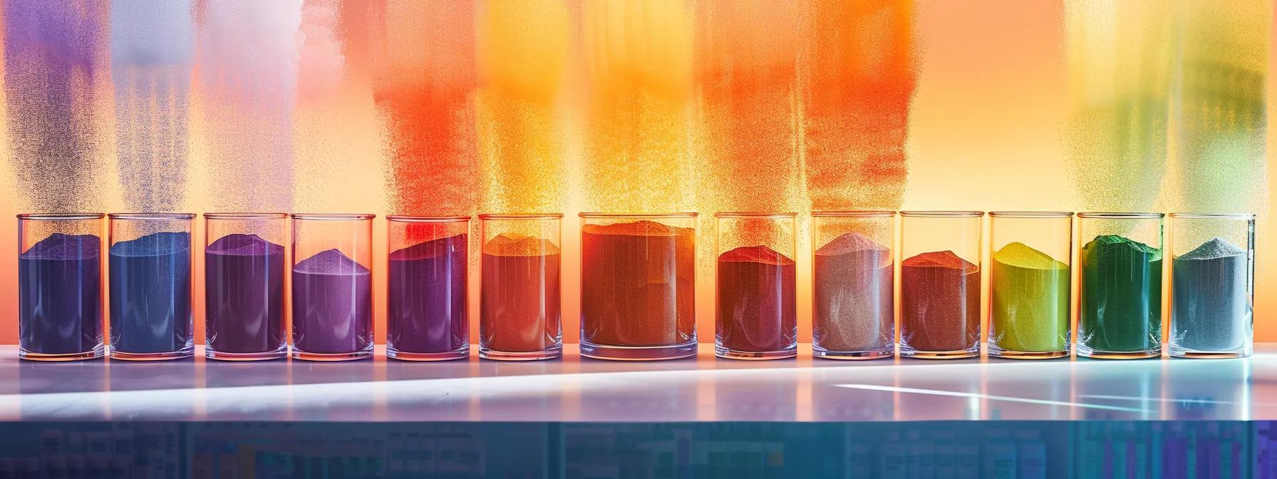 an artistic display of colorful bulk electrolyte powders arranged in elegant glass containers, highlighting vibrant labels that showcase essential minerals, set against a softly lit backdrop that evokes a sense of hydration and wellness.