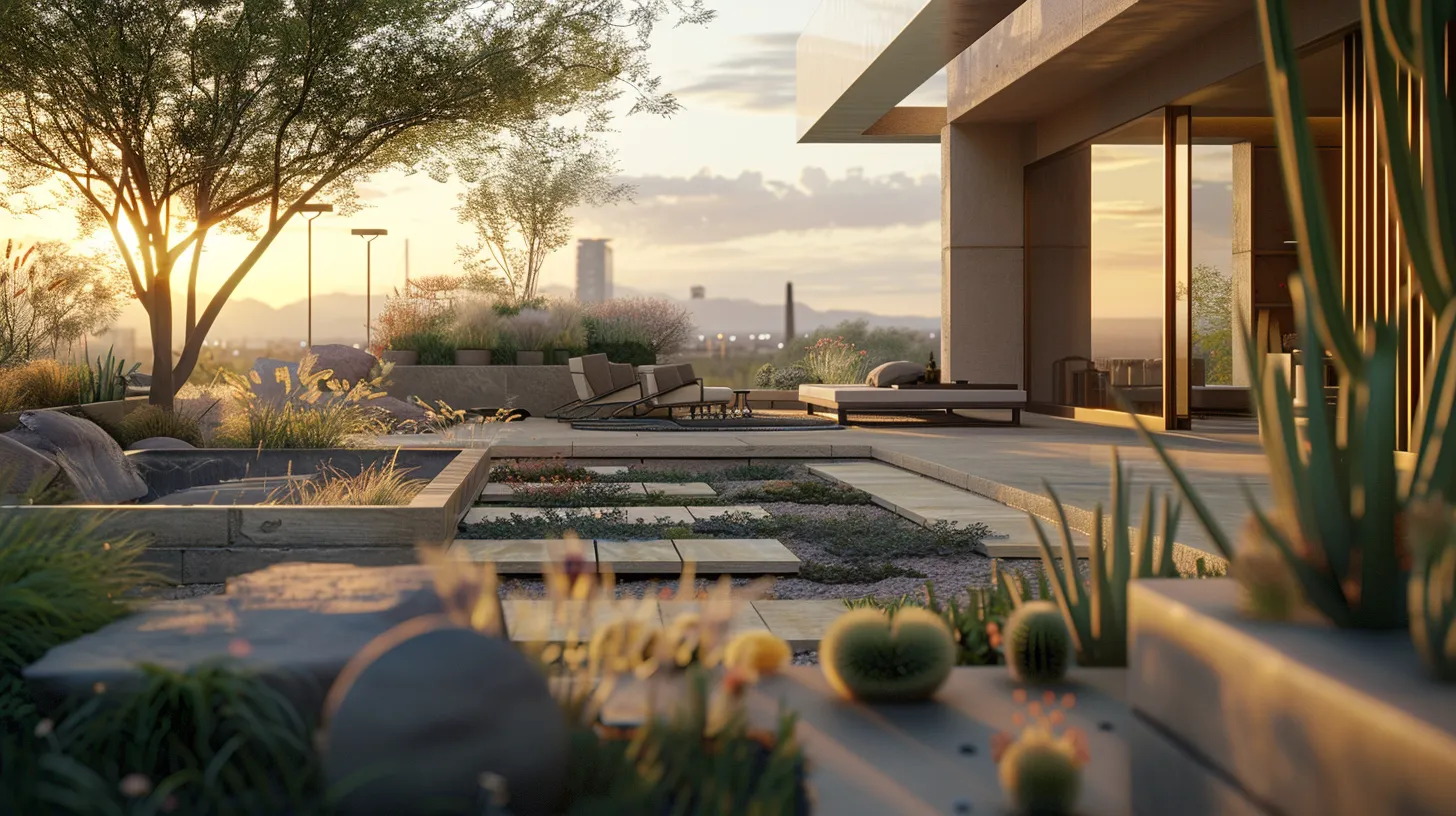 an elegant arizona landscape design showcases a contemporary outdoor living space, featuring textured stone walls, minimalist desert-friendly plants, and sleek modern furniture, all bathed in the warm glow of golden hour light against a backdrop of an urban skyline. an elegant arizona landscape design showcases a contemporary outdoor living space, featuring textured stone walls, minimalist desert-friendly plants, and sleek modern furniture, all bathed in the warm glow of golden hour light against a backdrop of an urban skyline.