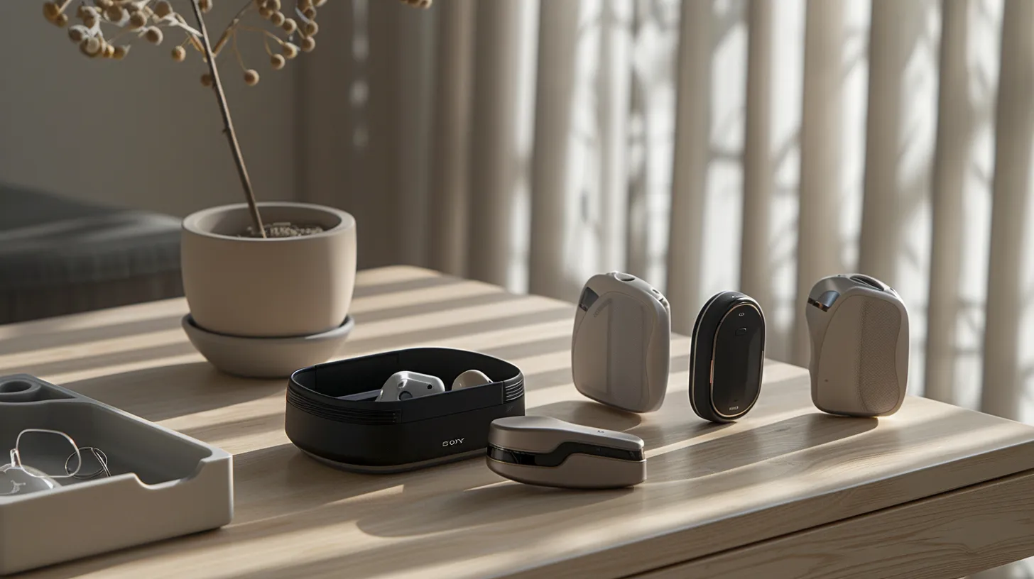 an elegant arrangement of sleek hearing aid accessories, including stylish streaming devices, a remote control, and protective cases, set on a polished surface bathed in soft, natural light, showcasing their modern design and functionality.