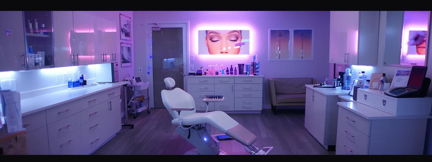 an elegant beauty salon interior, featuring a stylish brow lamination station with modern tools, soft overhead lighting, and sleek decor that highlights the artistry of brow enhancement services.