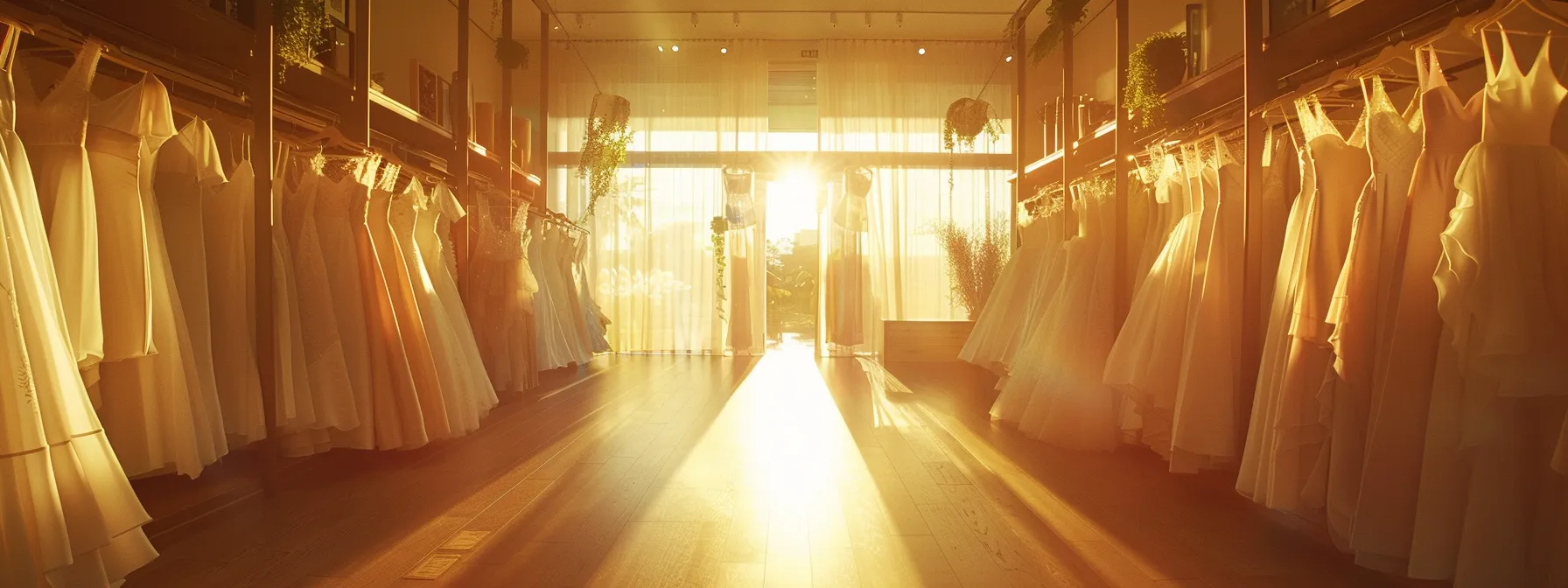 an elegant bridal boutique interior showcases a diverse array of affordable, modest wedding dresses displayed on sleek racks, inviting brides-to-be to explore the unique styles under warm, ambient lighting. an elegant bridal boutique interior showcases a diverse array of affordable, modest wedding dresses displayed on sleek racks, inviting brides-to-be to explore the unique styles under warm, ambient lighting.