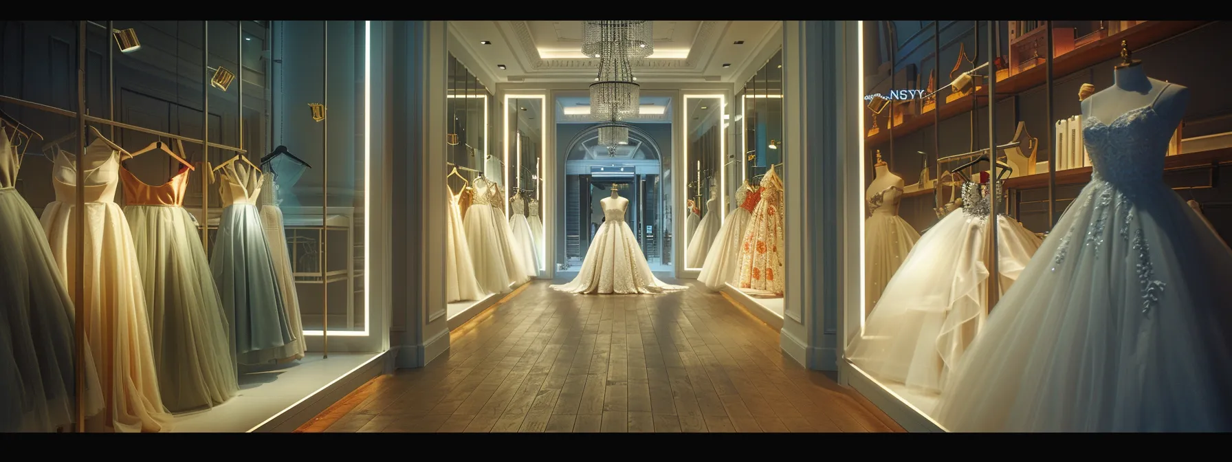 an elegant bridal boutique interior showcases a stunning display of affordable wedding gowns, featuring classic a-line, glamorous ball gowns, relaxed bohemian styles, and sleek modern sheath dresses, all beautifully arranged on mannequins against a soft-lit backdrop, inviting brides to explore their dream attire. an elegant bridal boutique interior showcases a stunning display of affordable wedding gowns, featuring classic a-line, glamorous ball gowns, relaxed bohemian styles, and sleek modern sheath dresses, all beautifully arranged on mannequins against a soft-lit backdrop, inviting brides to explore their dream attire.