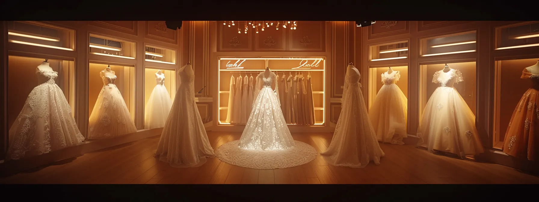 an elegant bridal boutique showcases a stunning array of modest wedding gowns, featuring classic long-sleeved lace dresses and sophisticated a-line designs, all beautifully displayed against chic, soft-colored walls and ambient lighting that enhances their intricate details. an elegant bridal boutique showcases a stunning array of modest wedding gowns, featuring classic long-sleeved lace dresses and sophisticated a-line designs, all beautifully displayed against chic, soft-colored walls and ambient lighting that enhances their intricate details.