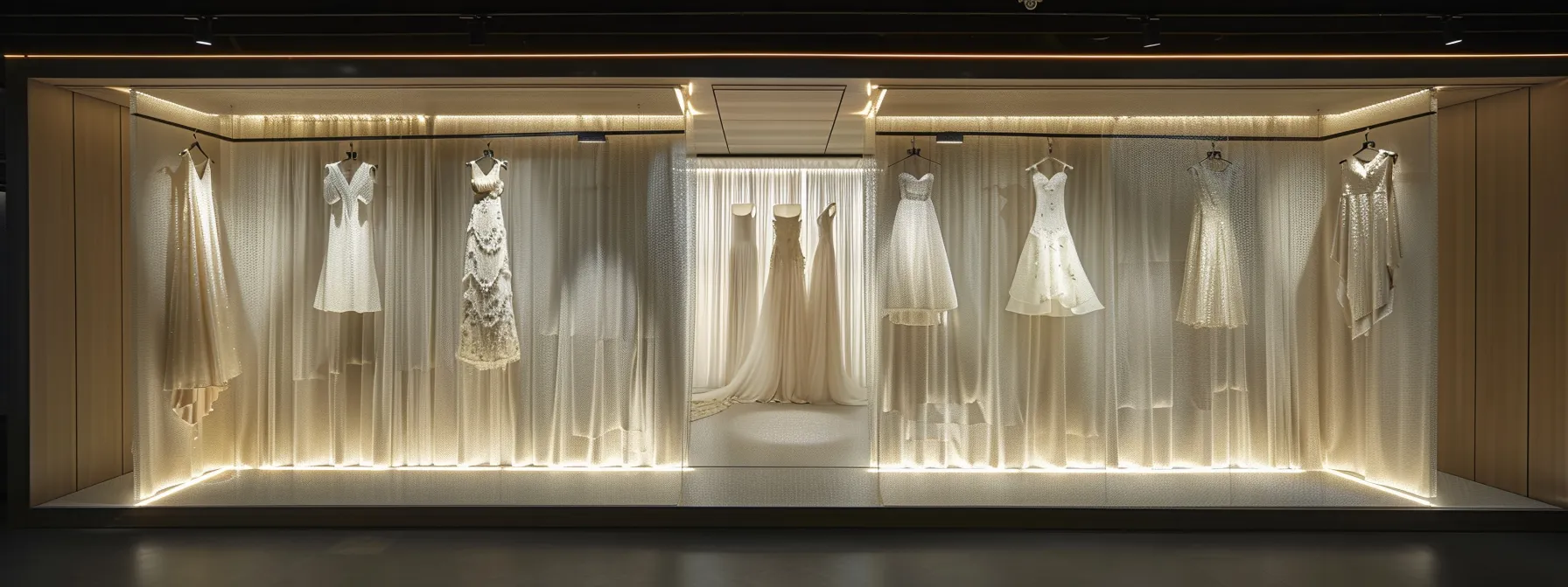an elegant bridal boutique showcases a stunning array of affordable modest wedding dresses displayed on chic, minimalist racks, illuminated by soft, ambient lighting that enhances the delicate fabrics and intricate designs.