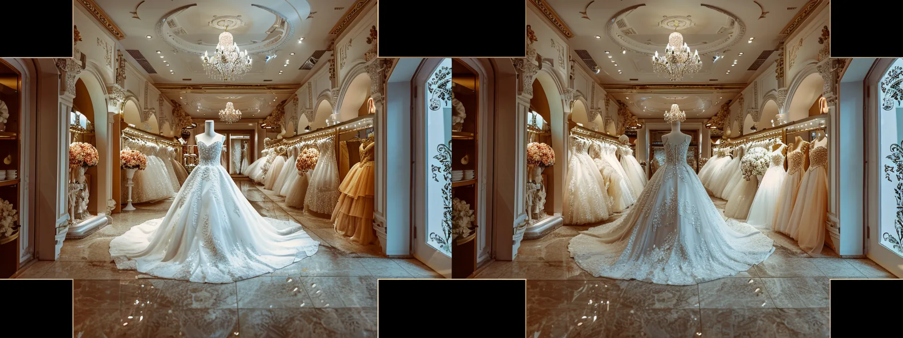 an elegant bridal shop interior showcases a stunning array of exquisite wedding gowns, chic bridesmaids' dresses, and sparkling accessories, set against a backdrop of soft, inviting lighting that highlights the intricate details and luxurious fabrics. an elegant bridal shop interior showcases a stunning array of exquisite wedding gowns, chic bridesmaids' dresses, and sparkling accessories, set against a backdrop of soft, inviting lighting that highlights the intricate details and luxurious fabrics.