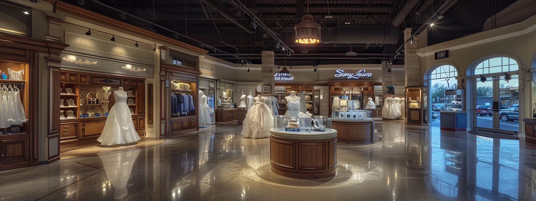 an elegant bridal shop interior showcases a stunning array of luxurious wedding gowns displayed on sophisticated mannequins against a backdrop of soft, ambient lighting and tasteful decor, embodying the essence of bridal beauty in the salt lake county area.