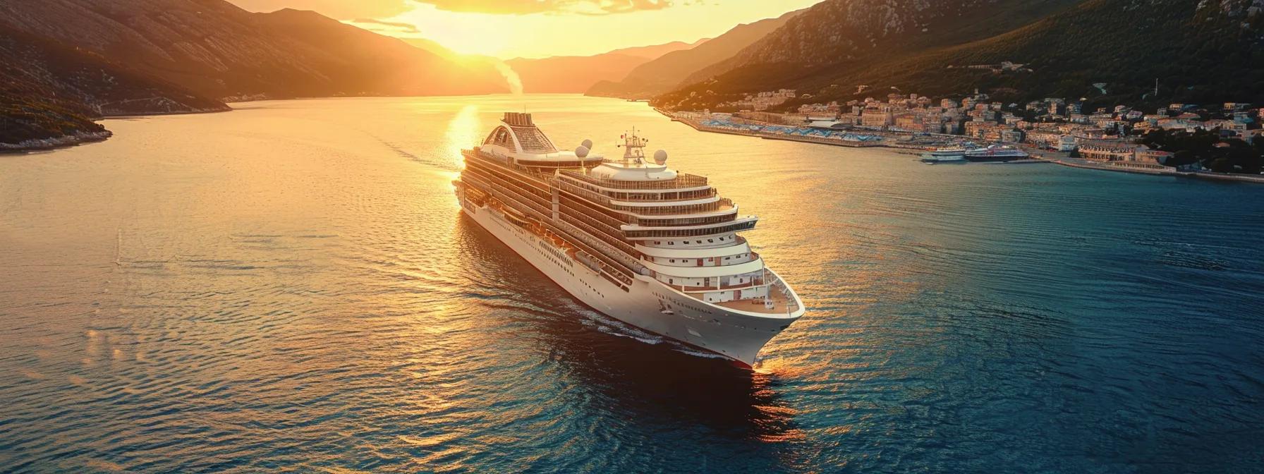 an elegant cruise ship glides across the shimmering mediterranean waters at sunset, showcasing passengers enjoying luxurious amenities on spacious balconies while stunning coastal towns and cultural landmarks unfold in the background.