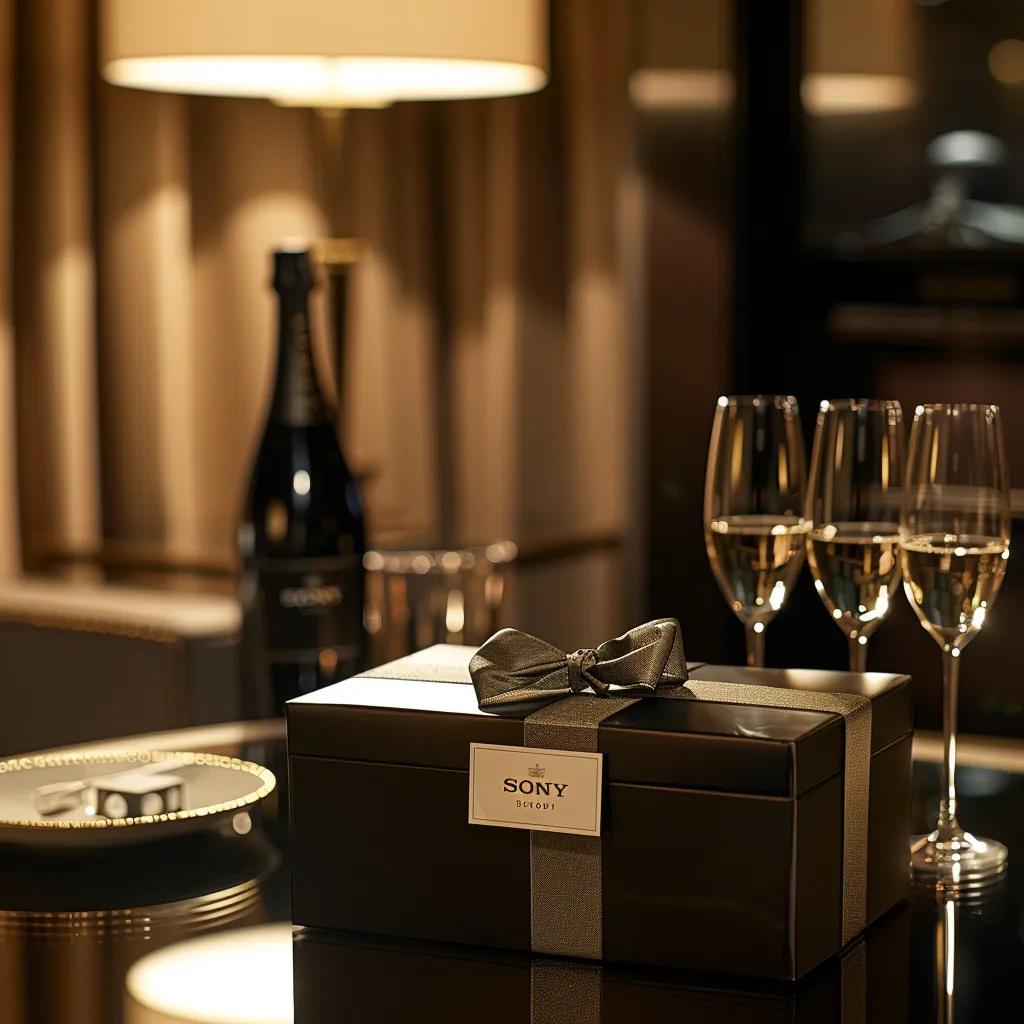 an elegant, dimly-lit urban setting showcases a beautifully arranged luxury champagne gift box adorned with personalized labels, surrounded by sparkling glasses ready for a sophisticated celebration in a lavish london apartment.