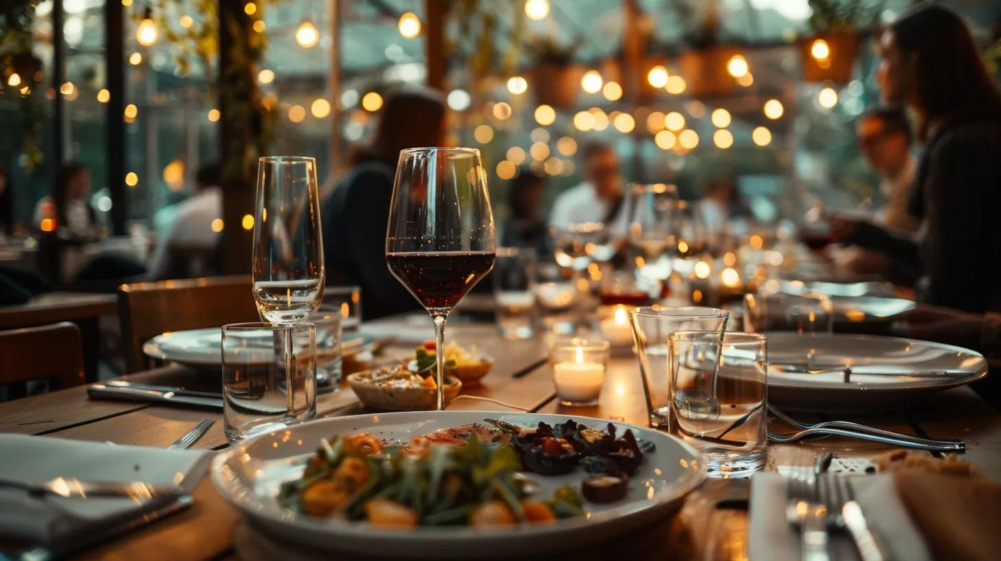 an elegant dining setup featuring beautifully arranged italian dishes with warm, ambient lighting in a stylish urban restaurant, emphasizing the tailored catering services available in byron bay.