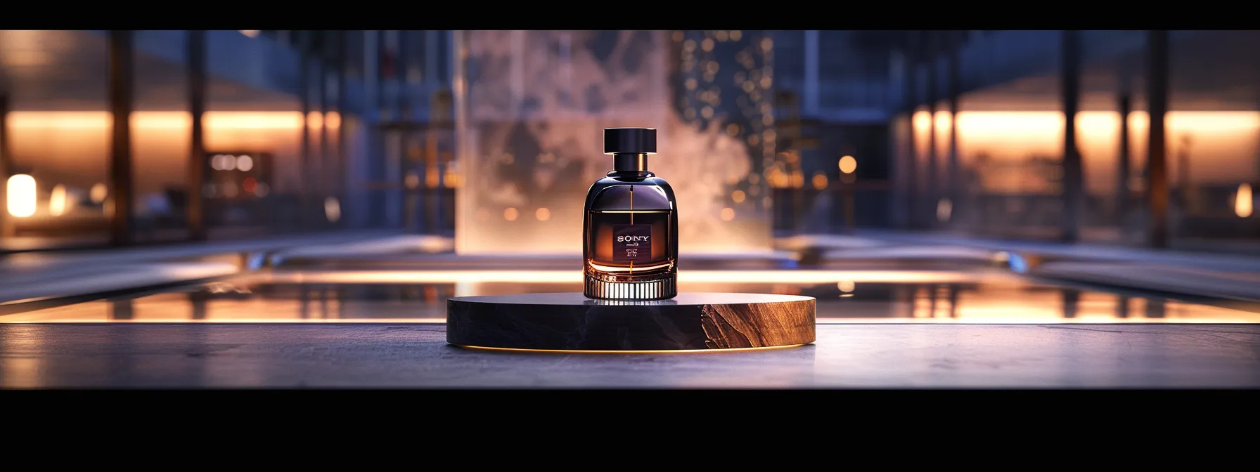 an elegant display of elysium parfum cologne in a sophisticated urban setting, showcasing the luxurious bottle against a sleek, modern backdrop, highlighting its unique blackcurrant and leather notes.