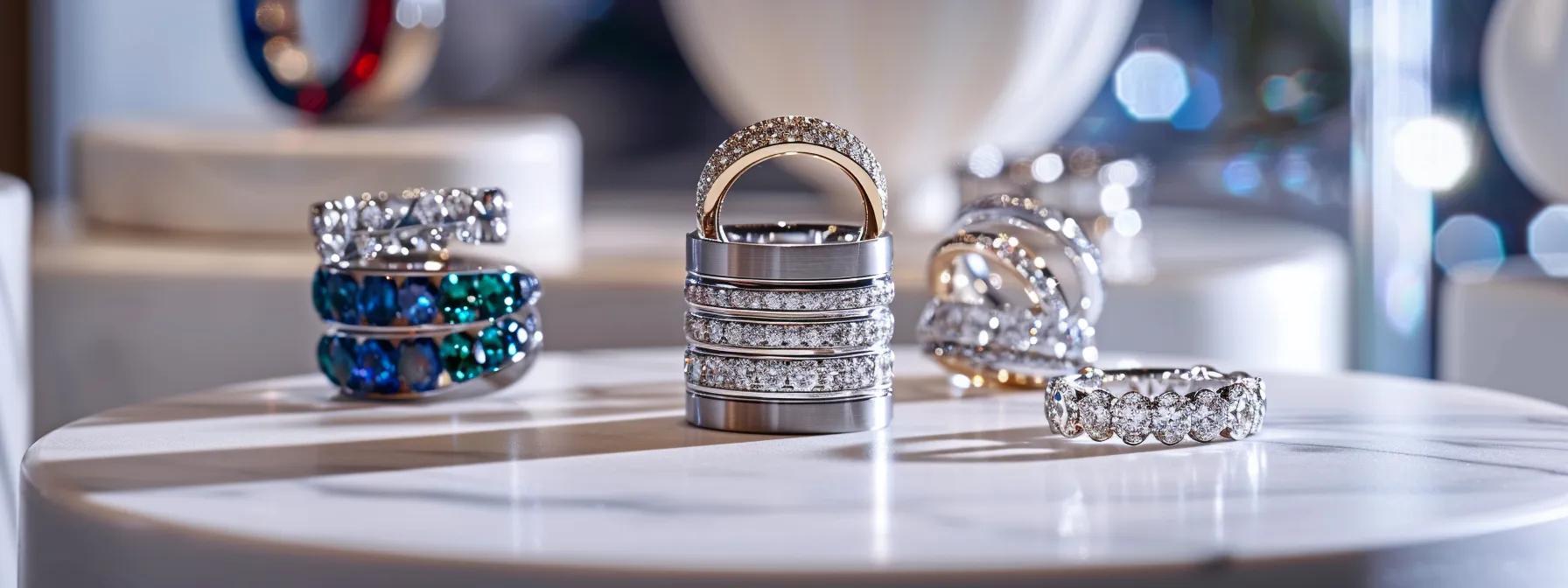 an elegant display of intricately designed wedding bands featuring an array of sparkling gemstones, showcased against a sleek, modern jewelers’ workspace with polished surfaces and soft, focused lighting. an elegant display of intricately designed wedding bands featuring an array of sparkling gemstones, showcased against a sleek, modern jewelers’ workspace with polished surfaces and soft, focused lighting.
