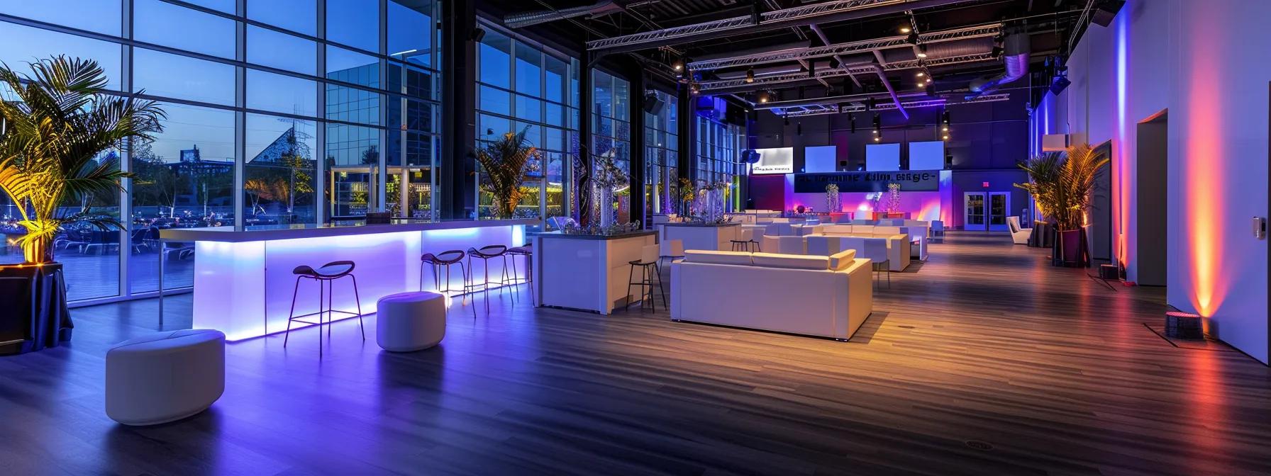 an elegant interior view of a versatile event venue in laval, showcasing a spacious layout with high-end finishes and customizable seating arrangements, emphasizing the contrast between intimate and expansive areas designed for diverse gatherings.