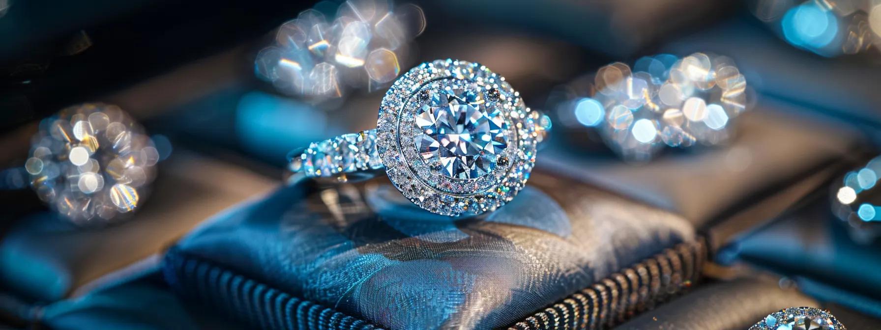 an elegant jewelry store in las vegas showcases a dazzling array of budget-friendly engagement rings under soft, focused lighting, emphasizing the craftsmanship and unique design of each piece to attract discerning customers. an elegant jewelry store in las vegas showcases a dazzling array of budget-friendly engagement rings under soft, focused lighting, emphasizing the craftsmanship and unique design of each piece to attract discerning customers.