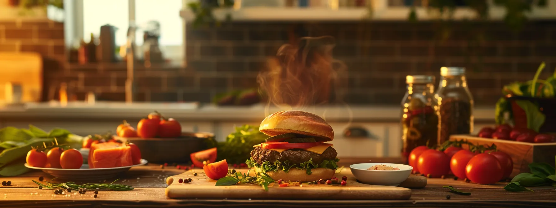 an elegant kitchen countertop showcases a perfectly shaped, sizzling hamburger made from grass-fed 85/15 ground beef, surrounded by an array of vibrant, fresh ingredients, while warm, inviting light enhances the rich colors and textures of the meal. an elegant kitchen countertop showcases a perfectly shaped, sizzling hamburger made from grass-fed 85/15 ground beef, surrounded by an array of vibrant, fresh ingredients, while warm, inviting light enhances the rich colors and textures of the meal.