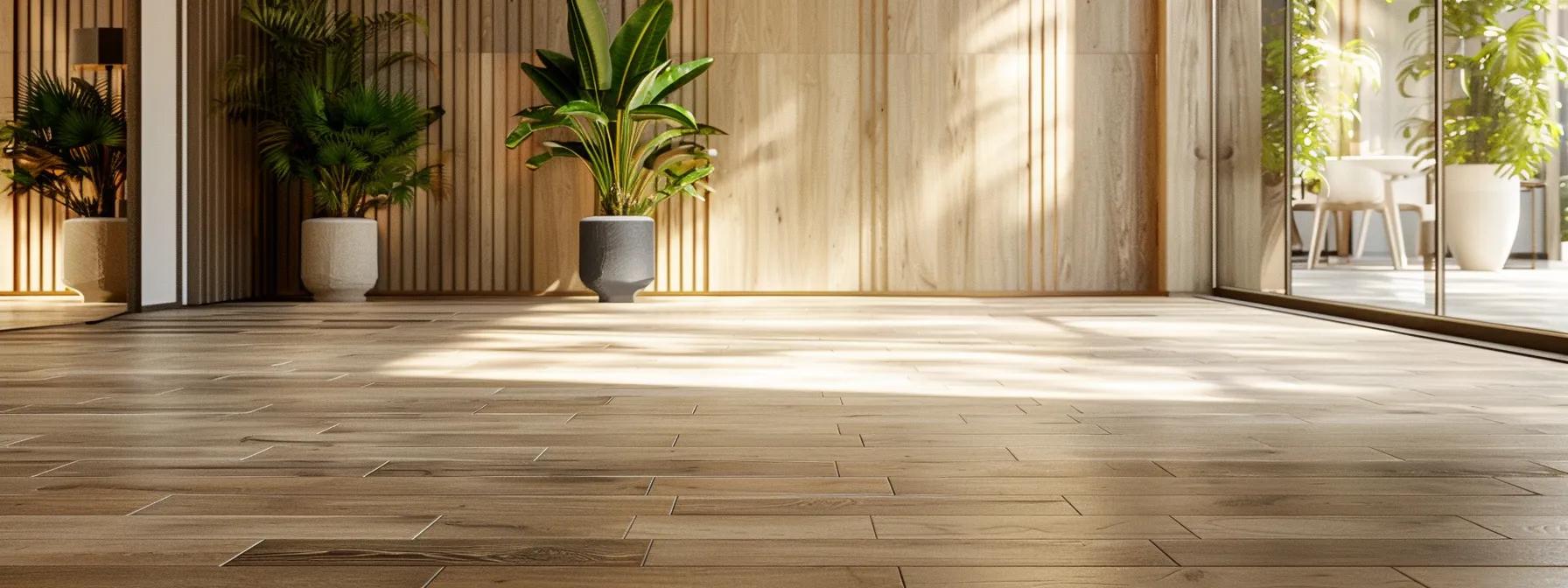 an elegant modern interior showcases a seamless transition from a dull, outdated floor to a stunning luxury vinyl tile surface that mimics rustic wood, capturing the essence of versatile style and durability in a chic urban setting.