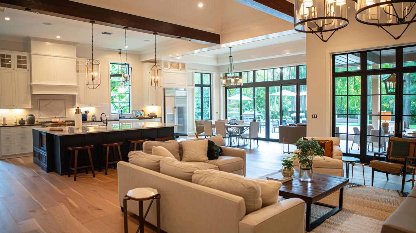 an elegant open-concept living space seamlessly blends a modern kitchen with stylish chandeliers, sustainable materials, and a vibrant outdoor area that invites relaxation, all illuminated by soft, natural light. an elegant open-concept living space seamlessly blends a modern kitchen with stylish chandeliers, sustainable materials, and a vibrant outdoor area that invites relaxation, all illuminated by soft, natural light.