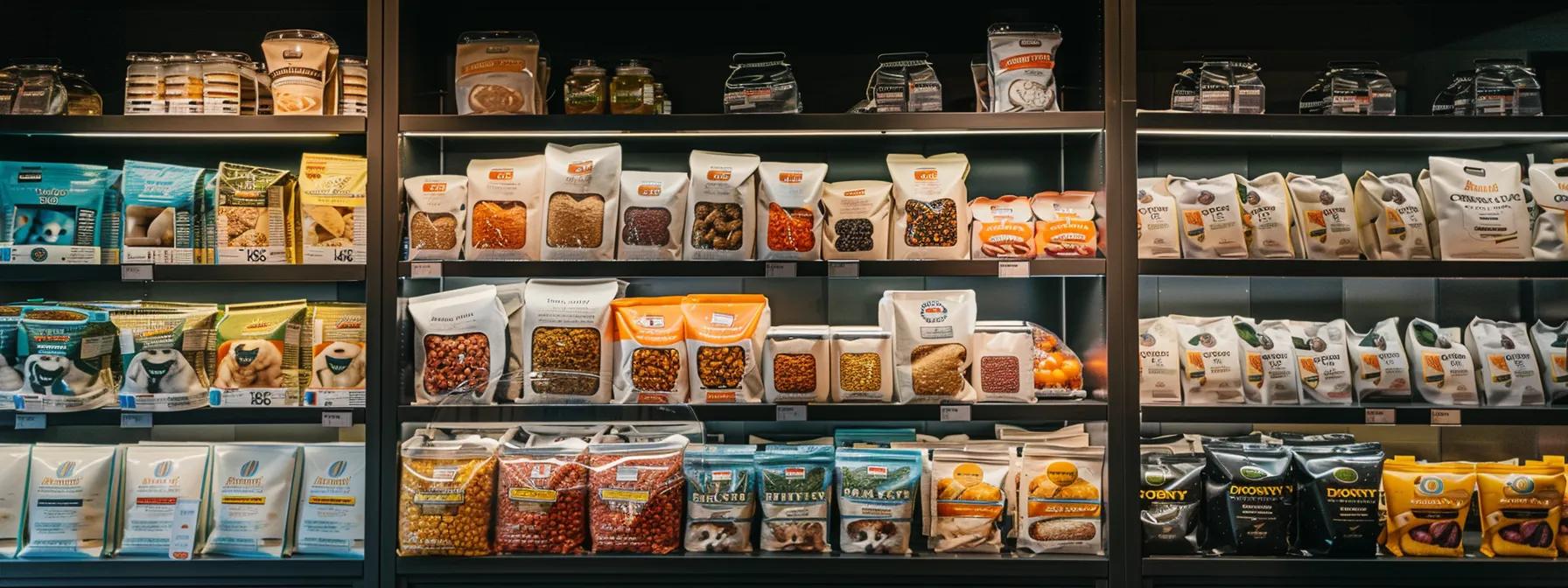 an elegant pet food display featuring sleek, high-quality dog food packaging arranged in an upscale pet store, with soft spotlighting highlighting the various top-tier brands and their distinct health benefits. an elegant pet food display featuring sleek, high-quality dog food packaging arranged in an upscale pet store, with soft spotlighting highlighting the various top-tier brands and their distinct health benefits.