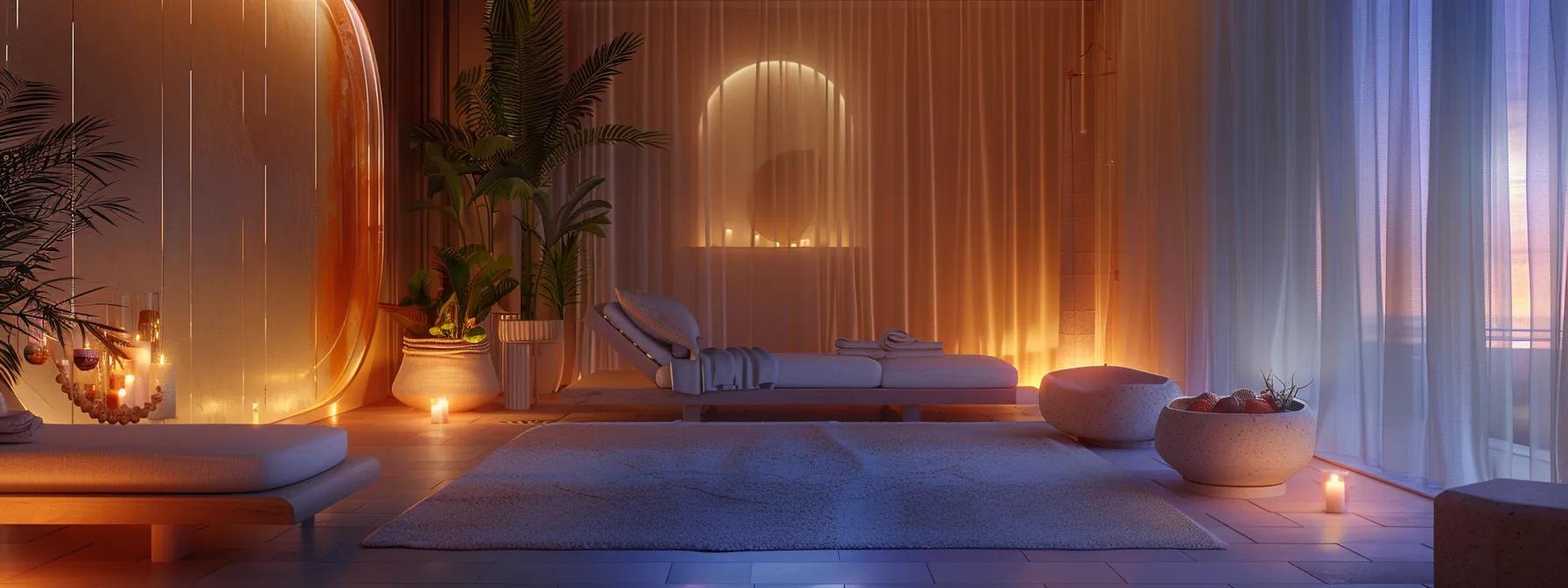 an elegant spa retreat interior, featuring a serene treatment room with soft, ambient lighting, plush furnishings, and calming decor, encapsulating a tranquil atmosphere for holistic wellness and relaxation.